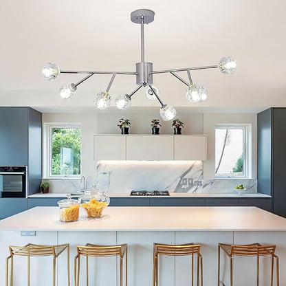 Depuley Modern Chrome Sputnik Chandelier: 9-Light Crystal Glass Chandelier for Dining Room - Kitchen Table Light Fixture Mid Century Hanging Lamp Height Adjustable for Foyer (Included G9 Bulbs)
