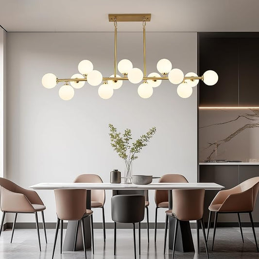 Mid Century Modern Chandelier 55in Linear Chandeliers 16-Light Brass Gold Pendant Lighting Fixture for Dining Room, Kitchen Island