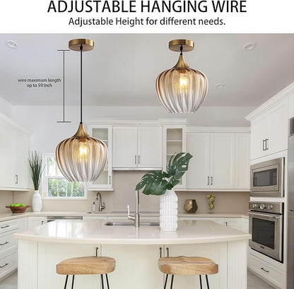 Amber Glass Pendant Lights Kitchen Island, 9" Vintage Hanging Lamp Ceiling Lighting Fixtures, Brushed Gold Modern Chandelier for Dining Room Restaurant Bedroom Foyer Entryway