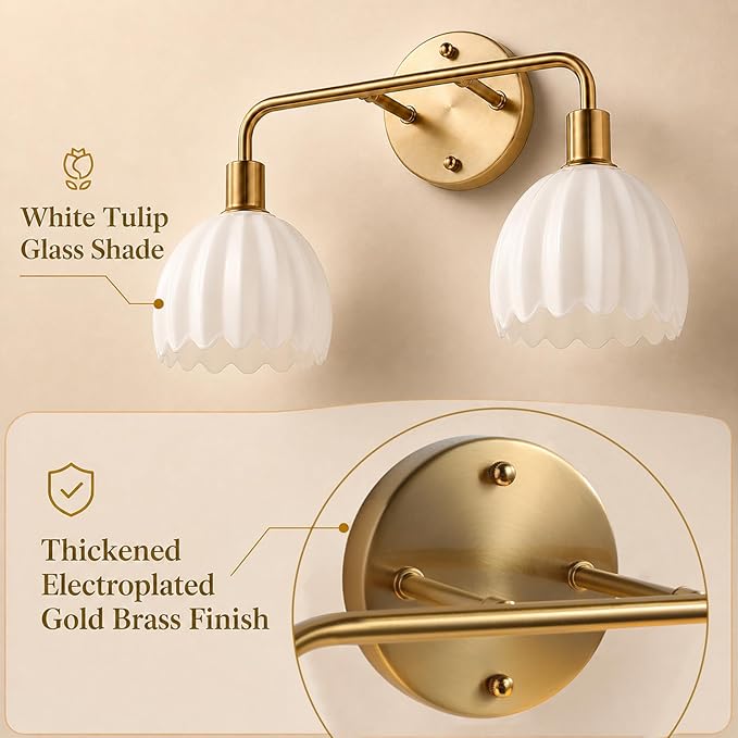 2-Light Gold Brass Bathroom Light Fixture,Wall Sconces,Brushed Gold Vanlity Light Over Mirror,Bathroom Vanity Light with White Glass Flower Shade,E26 Socket(Bulbs Not Included)