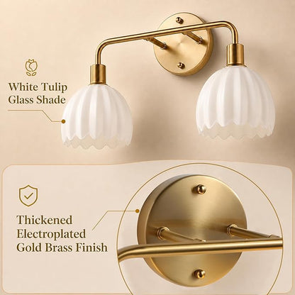 Brushed Gold 4-Light Vanlity Light Over Mirror,Wall Sconces,Gold Brass Bathroom Light Fixture with White Glass Flower Shade,E26(Bulbs Not Included)