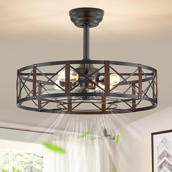 Fanbulous 23 Inch Fandelier Caged Ceiling Fans with Lights and Remote, Black Bladeless Ceiling Fan with 6 Speeds and Timing, Farmhouse Samll Fan Lights Ceiling Fixtures For Kitchen, Bedroom-Walnut