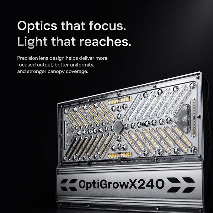 OptiGrowX240 LED Grow Light for Indoor Plants, Full Spectrum with Veg Bloom Control, Optical Lens Design, High Efficiency, High PPFD Output for 2x2 3x3 Grow Tent