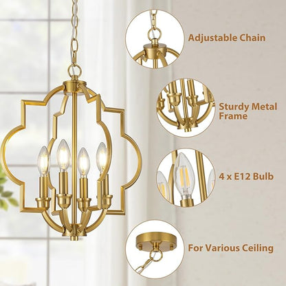 4-Light Brushed Gold Chandeliers for Dining Room, 15.6" Farmhouse Geometric Pendant Light Fixture for Entryway Foyer Kitchen Bathroom Over Sink