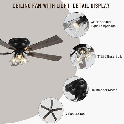52'' Flush Mount Ceiling Fans with Lights and Remote Control,Reversible DC Motor,5 Reversible Blade,6 Speeds,Rustic Farmhouse Ceiling Fan for Living Room,Dining Room,Bedroom