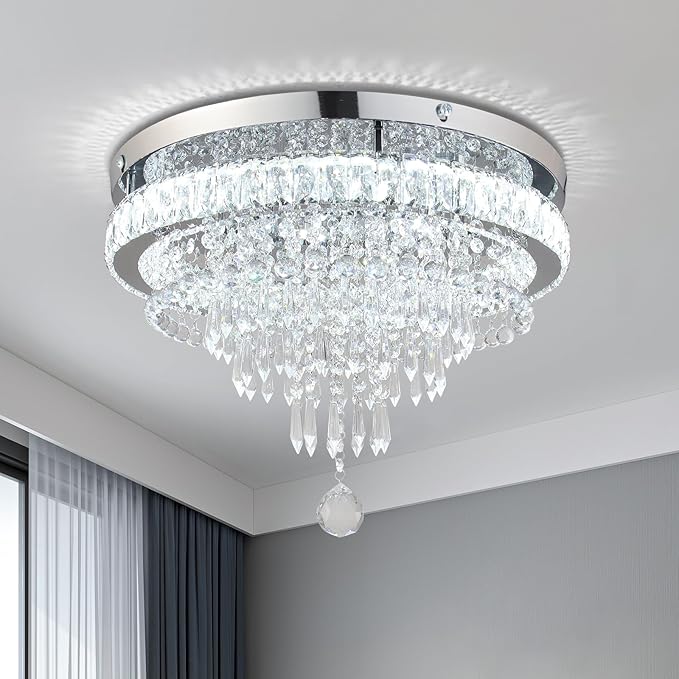 FRIXCHUR 19.7" Crystal Chandeliers Crystal Ceiling Light Fixtures Modern Flush Mount Light LED Chandelier Lamp for Living Room Bedroom Dining Room 6500K Cool White