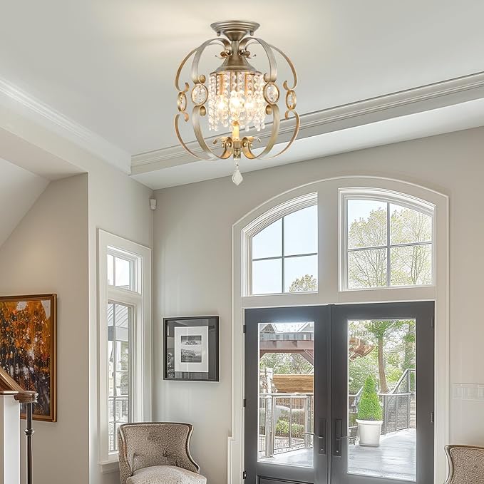 Antique Silver K9 Crystal Chandelier for Dining Room, 3-Light 14 Inch Rustic Flush Mount Ceiling Light Fixture,Vintage Bronze Hanging Pendant Lighting for Kitchen Island,Living Rooms, Foyer