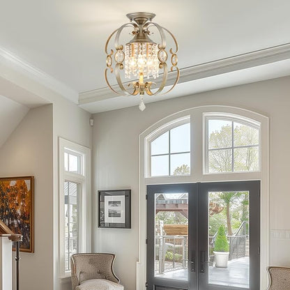 Antique Silver K9 Crystal Chandelier for Dining Room, 3-Light 14 Inch Rustic Flush Mount Ceiling Light Fixture,Vintage Bronze Hanging Pendant Lighting for Kitchen Island,Living Rooms, Foyer