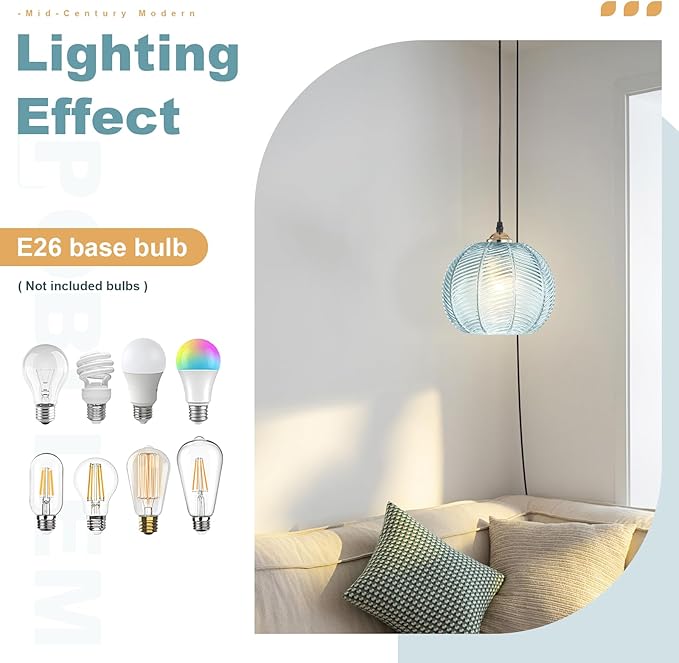 Blue Glass Plug in Pendant Light for Bathroom, Ceiling Light with 14.76ft Long Cord, Kitchen Corded Light Fixture, 8.7" Ribbed Globe, Living Room Corner Hanging Lamp that Plug into Wall Outlet