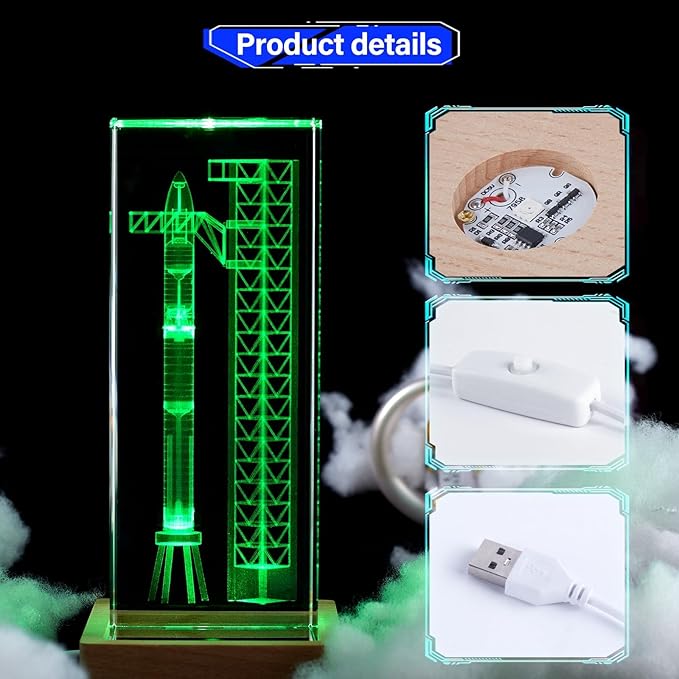 SpaceX Starship Collector's Crystal Lamp, 3D Laser-Etched Rocket Night Light, Ultimate Gift for Space Enthusiasts, Sci-Fi Fans & Mars Dreamers (Large)