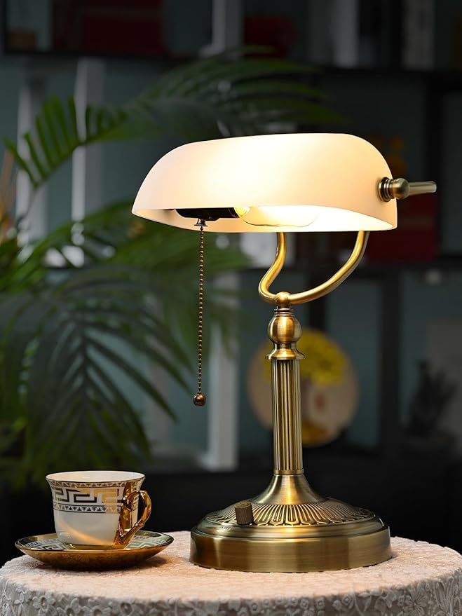 White Matted Glass Bankers Desk Lamp, Stepless Dimmable Table Lamp Plug in Fixture for Study, Home Office,Library, LED Bulb Included