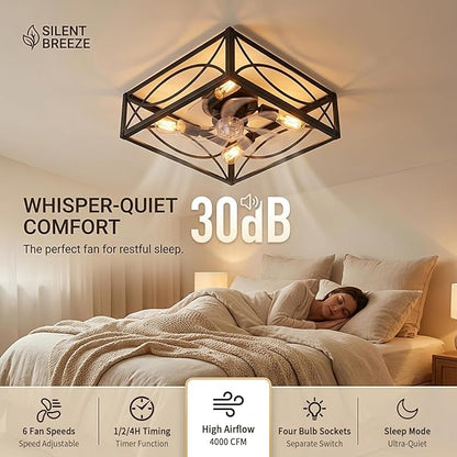 LIONVISON Caged Ceiling Fan with Lights: 16" Small Flush Mount Low Profile Fandelier with Remote DC Motor Reversible 6 Speeds Farmhouse Industrial Ceiling Fans for Bedroom Kitchen Black