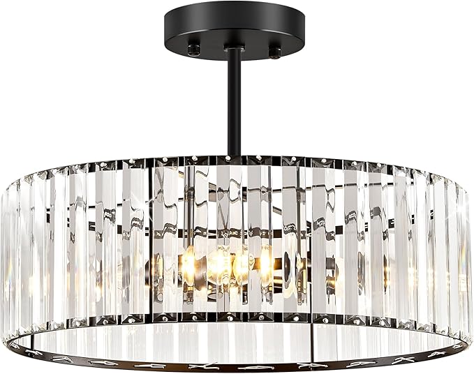 YURNYQ Black Crystal Ceiling Light Fixture, Modern Semi Flush Chandelier, Round Hanging Lighting Chandeliers for Dining Room, Kitchen, Bedroom, 3-Light, 15.74 Inch