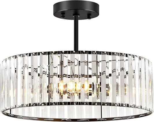 YURNYQ Black Crystal Ceiling Light Fixture, Modern Semi Flush Chandelier, Round Hanging Lighting Chandeliers for Dining Room, Kitchen, Bedroom, 3-Light, 15.74 Inch