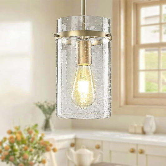 1 Pack Seeded Glass Pendant Lights Kitchen Island, Hanging Modern Pendant Light Fixtures, 5.5" Matte Gold Pendant Lighting Island Lights for Kitchen Over Sink Entryway Hallway