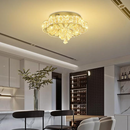 16in Gold Crystal Chandeliers for Living Room Dining Room Crystal Ceiling Light Fixtures Modern LED Flush Mount Light Dimmable 2700k-6000k