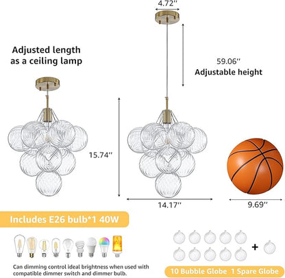 Dining Room Chandelier 14.17", Modern Brushed Gold Pendant Light Bubble Ceiling Light Chandelier Vintage Hanging Light Fixtures with 10 Swirled Glass Globe for Foyer Bedroom Kitchen, Include E26 Bulb
