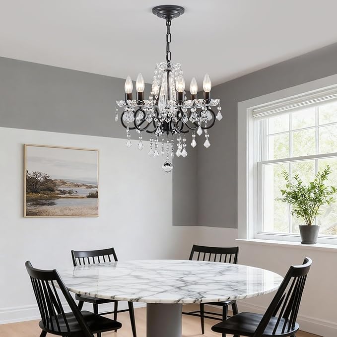 Black Crystal Chandelier, 6-Light European Candle Style Pendant Light, Luxury Decorative Ceiling Light for Living Room Dining Room Bedroom