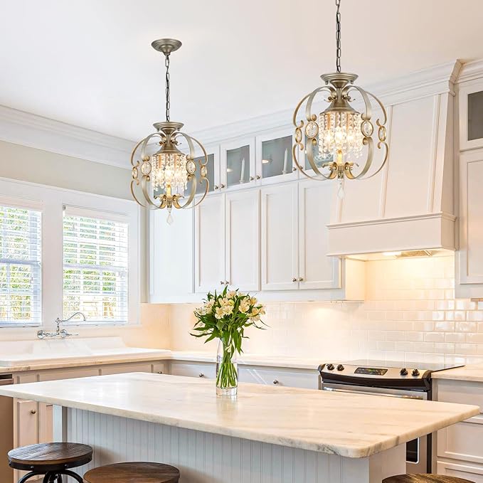 Antique Silver K9 Crystal Chandelier for Dining Room, 3-Light 14 Inch Rustic Flush Mount Ceiling Light Fixture,Vintage Bronze Hanging Pendant Lighting for Kitchen Island,Living Rooms, Foyer