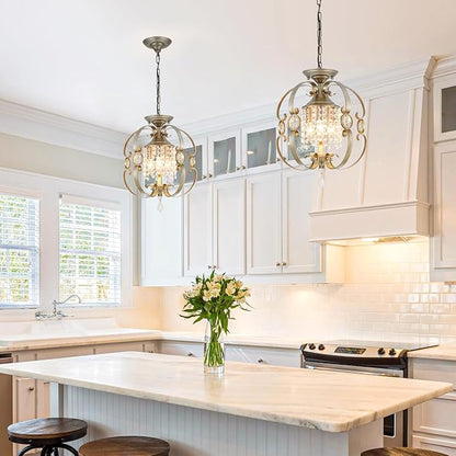 Antique Silver K9 Crystal Chandelier for Dining Room, 3-Light 14 Inch Rustic Flush Mount Ceiling Light Fixture,Vintage Bronze Hanging Pendant Lighting for Kitchen Island,Living Rooms, Foyer
