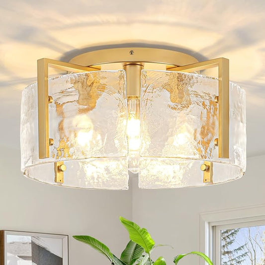18.5'' Modern Gold Semi Flush Mount Ceiling Light, 4-Light Glass Drum Light Fixtures, Ceiling Lights for Hallway Foyer Entryway Bedroom Kitchen Island Dining Room Living Room Bathroom Lighting Fixture