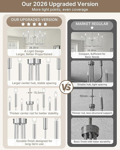 Yunnix 8 Light Brushed Nickel Chandelier - Modern Farmhouse Chandelier for Dining Room Light Fixture - 28" Silver Chandelier for Kitchen Island Lighting, Foyer and Living Room