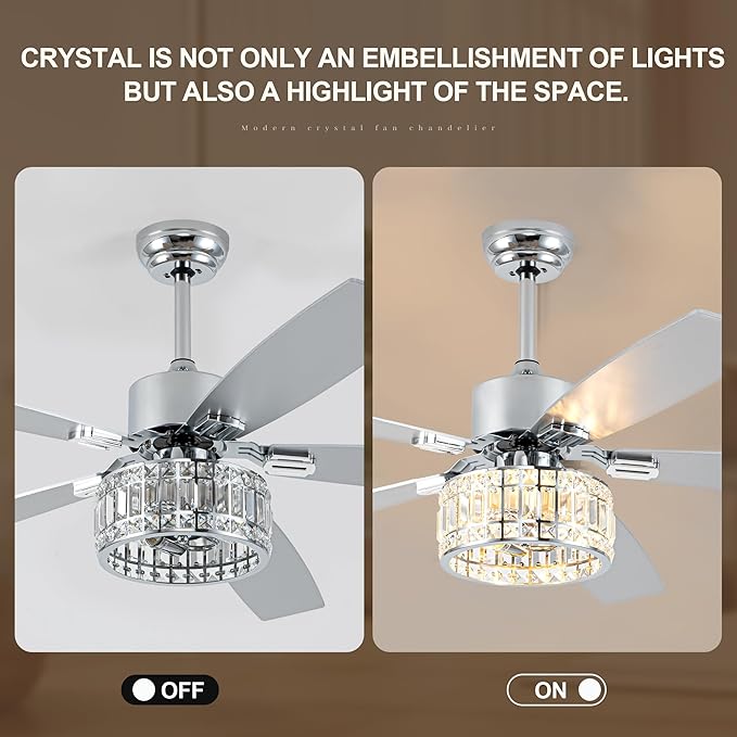 Chandelier Ceiling Fans with Lights and Remote,Caged Ceiling Fan with Light,App 5 Blades E26 Fandelier Ceiling Fans with Lights,Crystal Ceiling Fan for Bedroom,Living Room. (Nickel, 60 Inch)