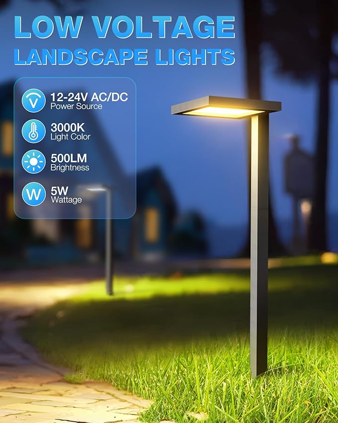 SUNVIE 4-Pack Low Voltage Landscape Lights 5W LED Pathway Lights with Connectors IP65 Waterproof Outdoor Landscape Path Lights Low Voltage for Yard Garden Walkway, 12V-24V AC/DC, 3000K Warm White