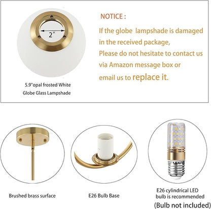 BYOLIIMA Modern Gold Globe Chandelier 2-Lights Mid Century Pendant Light Brushed Brass Ceiling Hanging Lighting Fixture with White Globe Glass Lampshade for Kitchen Island Dining Room Bedroom
