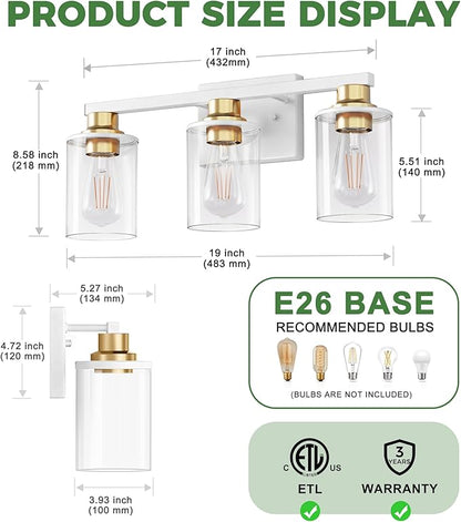 DORESshop 17 Inch Bathroom Light Fixtures, 3-Light White and Gold Bathroom Lighting Fixtures Over Mirror with Clear Glass Shade, Vanity Lights for Living Room Bedroom