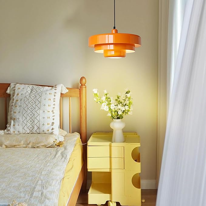 Mid Century Pendant Light Fixtures Orange Ceiling Pendant Lighting 3-Layer Metal Shade Design Vintage Hanging Light Flush Mount Light for Kitchen Island Dining Table Hallway (Orange)