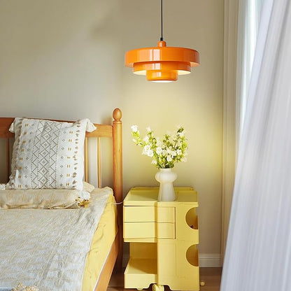 Mid Century Pendant Light Fixtures Orange Ceiling Pendant Lighting 3-Layer Metal Shade Design Vintage Hanging Light Flush Mount Light for Kitchen Island Dining Table Hallway (Orange)