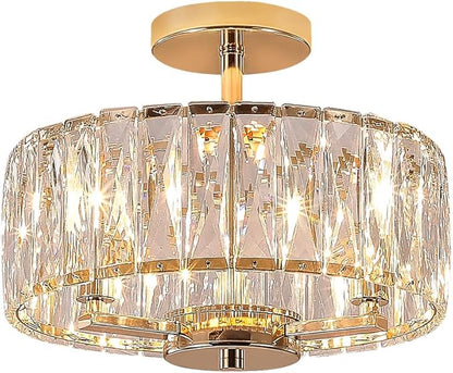 K9 Crystal Gold Chandelier Ceiling Lighting, 3-Lights Modern Mini Crystal Semi Flush Mount Pendant Lamp Fixture with E12 Bulb Base for Living Room Hallway Dining Room Bedroom (H10.4 x D12.5)