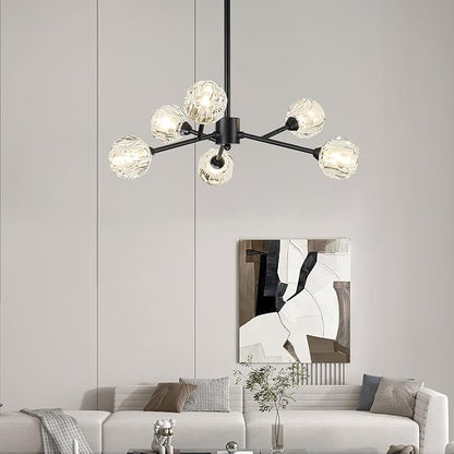 Weesalife Sputnik Chandeliers for Dining Room Light Fixture Over Table, Modern Crystal Chandeliers, 6 Lights Black Lighting Fixtures for Living Room Bedroom Kitchen Island