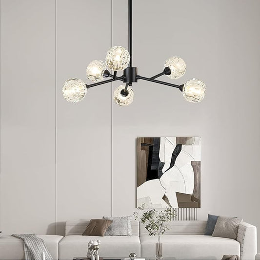 Weesalife Sputnik Chandeliers for Dining Room Light Fixture Over Table, Modern Crystal Chandeliers, 6 Lights Black Lighting Fixtures for Living Room Bedroom Kitchen Island
