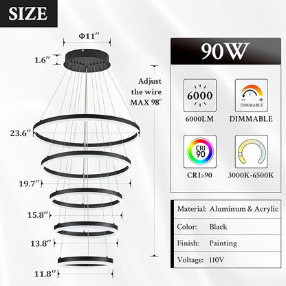 Modern LED Chandelier for Foyer Dimmable Black High Ceiling Chandeliers Foyer with Remote Control for Entryway Dining Room Living Room Staircase, 3000K-6500K(5-Rings D23.6’’)