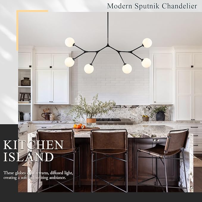 6 Lights Sputnik Chandelier for Dining Room L45’’ Black Modern Pendant Light Fixture with Milk Glass Shade Large Mid Century Chandeliers for Kitchen Island Living Room Foyer