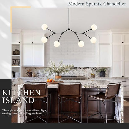6 Lights Sputnik Chandelier for Dining Room L45’’ Black Modern Pendant Light Fixture with Milk Glass Shade Large Mid Century Chandeliers for Kitchen Island Living Room Foyer