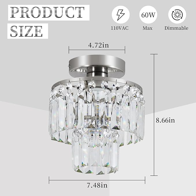 Crystal Ceiling Chandelier,Mini Chandelier Light Fixture with K9 Crystals,Brushed Nickel Finish for Living Room Entryway Bedroom Laundry Room,1-Light E26 Base