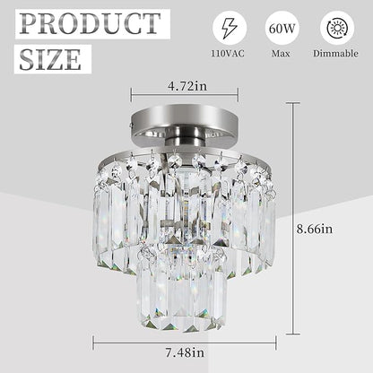 Crystal Ceiling Chandelier,Mini Chandelier Light Fixture with K9 Crystals,Brushed Nickel Finish for Living Room Entryway Bedroom Laundry Room,1-Light E26 Base