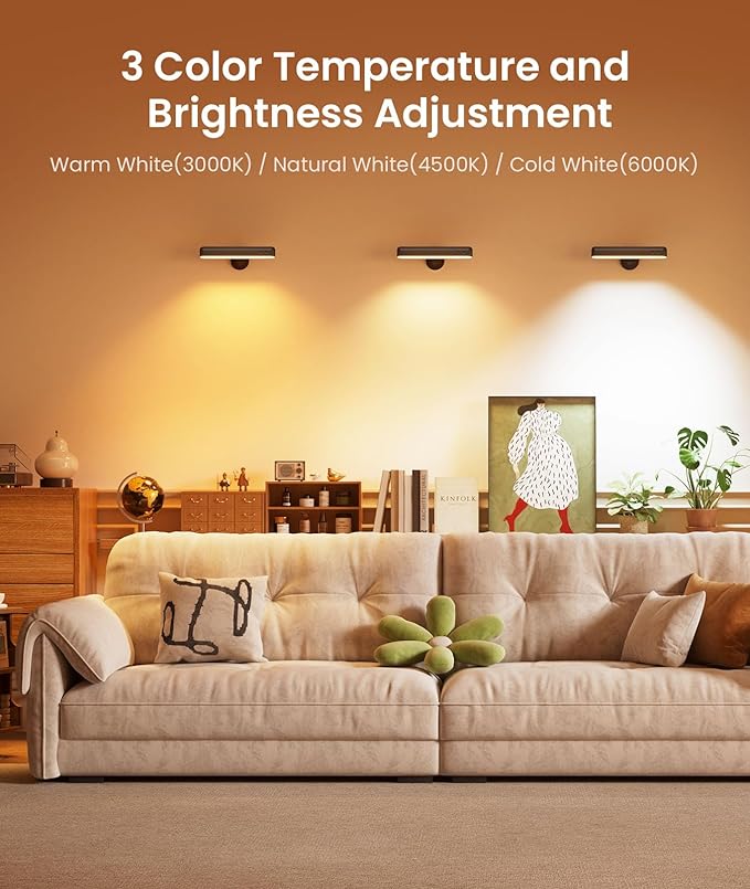 PopoIron Rechargeable LED Wall Sconces 7500mAh Battery Operated Wall Lamps for Bedroom, Touch and Remote Control, 3 Colors Wall Lights 360° Rotate Dimmable Brightness with 15 RGB Colors,Black 4 Pack