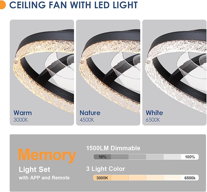 Mpayel 20" Ceiling Fans with Lights and Remote, Modern Low Profile Fandelier Ceiling Fan with Light, Quiet DC Motor, 6 Speeds, 3CCT Dimmable Bladeless Flush Mount LED Fan Light for Kids Room, Bedroom