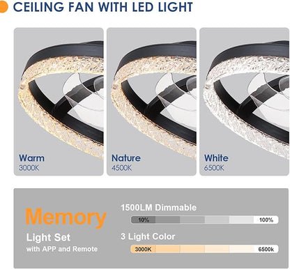 Mpayel 20" Ceiling Fans with Lights and Remote, Modern Low Profile Fandelier Ceiling Fan with Light, Quiet DC Motor, 6 Speeds, 3CCT Dimmable Bladeless Flush Mount LED Fan Light for Kids Room, Bedroom