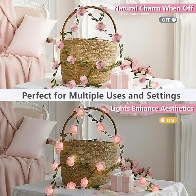 suddus Cherry Blossom Vine Lights Battery Powered,40 LED12.8 ft Flower String Lights with Leaves Remote Control,Decorative Pink Fairy Light for Bedroom, Holiday, Partry, Indoor