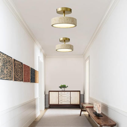 Wabi Sabi 8-inch Yellow Travertine Ceiling Light Fixture - Japanese Semi Flush Mount light with Brushde Gold Metal Base, Hardwired Stone Lamp for Bathroom, Kitchen, Bedroom, Hallway & Entryway