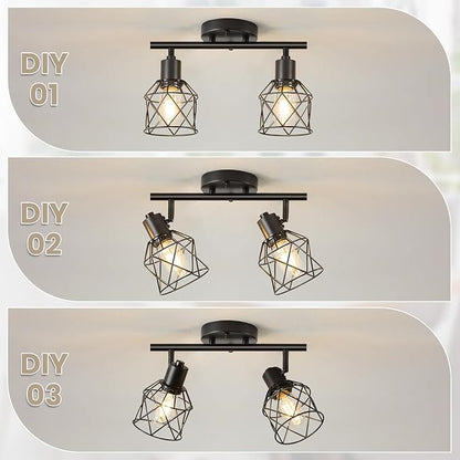 2-Lights Kitchen Track Lighting, Adjustable Multi-Directional Ceiling Light Fixtures, Rotatable Farmhouse Light Fixtures Mount with Metal Cage for Dining Room, Living Room, Bedroom, E26 Base