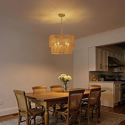 RUIYEY Rattan Chandelier Light Fixtures: 18 inch Boho Pendant Lights with Wicker Lampshade, E12 5 Light Height Adjustable Hand Woven Hanging Chandeliers for Dining Room Kitchen Farmhouse Living Room