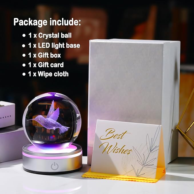 Arikyrist Crystal 3D Hummingbird 3.15in Ball Figurine Gifts for Women Wife, Collectible Glass Animal Art Sphere for Room with LED Light Base, Keepsakes for Bird Lovers Home Decor Paperweight