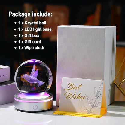 Arikyrist Crystal 3D Hummingbird 3.15in Ball Figurine Gifts for Women Wife, Collectible Glass Animal Art Sphere for Room with LED Light Base, Keepsakes for Bird Lovers Home Decor Paperweight