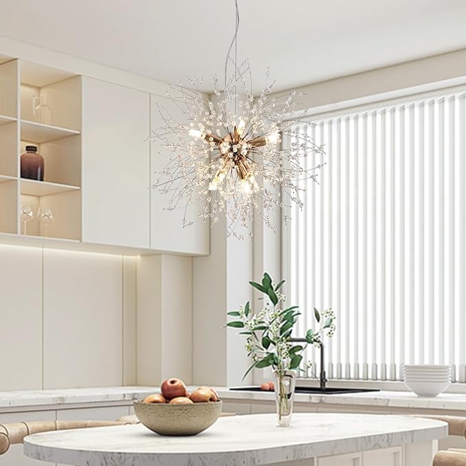 Small Crystal Chandelier, 8-Light Modern Sputnik Hanging Light Fixtures in Gold, Round Dandelion Pendant Lighting for Kitchen Island Bedroom Bathroom Entryway Dining Room (Gold, D15.7inch)